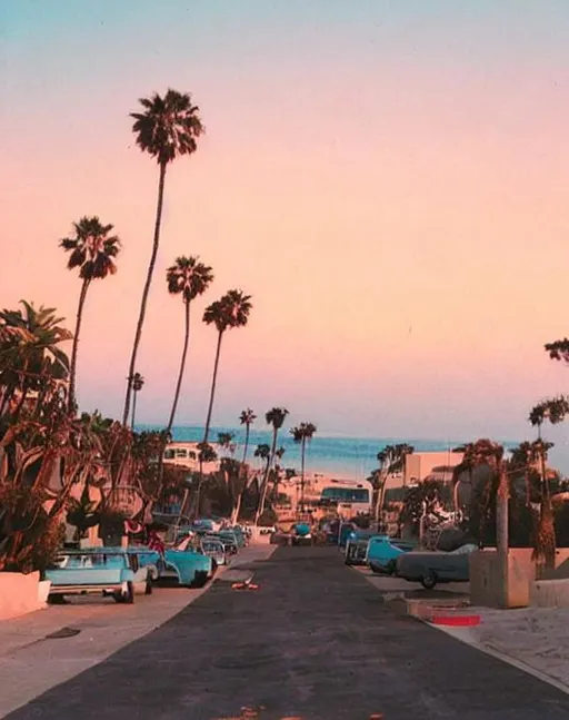 Prompt: California beach vibes in the 80s. Retro Vintage California sunset.