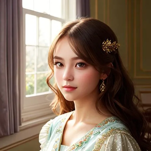 Prompt: A beautiful girl watch the outside of the window in a victoria styled living room. there is light shing one her face and eyes are bright like diamond, concept art, portrait, 8k, art by WLOP