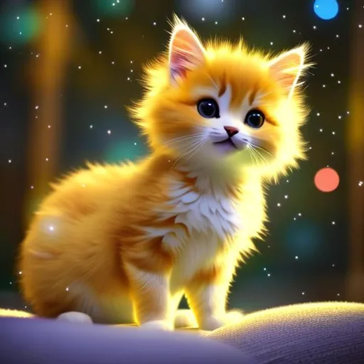 Prompt: Cute, yellow, light fur, cat made of light, possessing the element of light and making large floating spheres of lights move around in the air in a magical way. Perfect features, extremely detailed, realistic, complimentary colors, yellow wispy aura in background, realistic cat