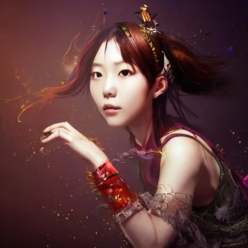 Prompt: A half body photograph of a Korean girl dancing, portrait, fantasy, medieval, vivid colors, elegant, concept art, sharp focus, beautiful face, digital art, Hyper-realistic, 4K, Unreal Engine, Highly Detailed, HD, Dramatic Lighting by Brom, trending on Artstation