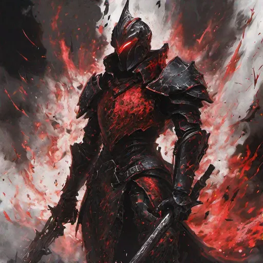 Prompt: War is described as a being over two meters tall, wearing a completely black armor with shades of red. The aura of this being is heavy and its helmet only left its eyes completely white on display.

The being removed his pointed helmet, letting his long black hair that looks like it was covered in embers of fire float around is it was defying gravity.

War rides a red horse with red flames in its eyes, hooves and tail.