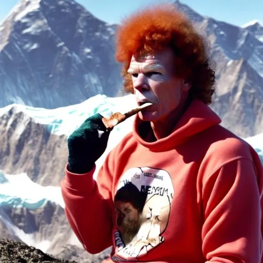 Prompt:  Carrot Top at the top of Mount Everest mourning the loss of Ronald Reagan whilst smoking a cigar wearing a pink sweatshirt.