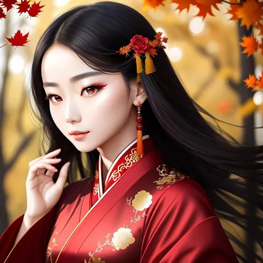 Prompt: in autumn，a Chinese girl with black beautiful eyes, Flying hair，
Full Length Shot, wearing red gorgeous hanfu, gentle and pure , 

with a sense of atmosphere, correct proportions, perfect composition, 

real skin texture, Highest quality, masterpiece, masterpiece, 4K ultra-clear picture quality, ultra-realistic, ultra-delicate, divine level, extreme detail, ultra-fine, ultra-exquisite facial features, extreme hair,  realistic, micro 3D extreme realistic style, ultra-beautiful, extreme details, rich in details, photo sense, ultra-beautiful, light sense, Gorgeous, transparent;