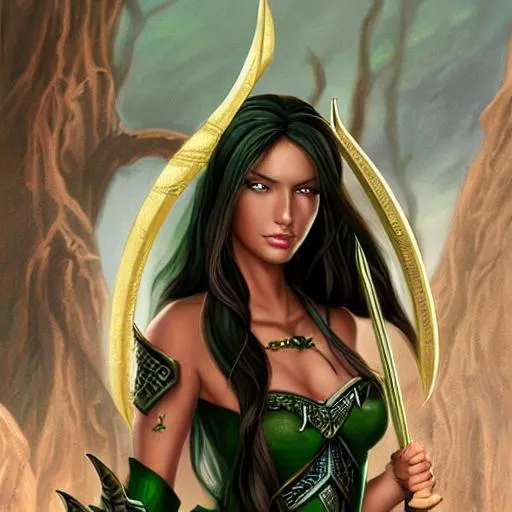 Prompt: half elf fantasy women portrait. Dark skin, brown long hair, green eyes, green
 dress.