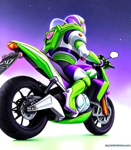 Prompt: Buzz Lightyear from Toy Story riding a motorcycle