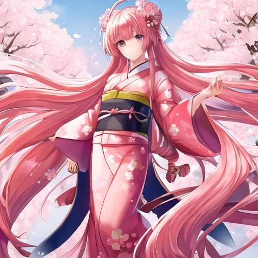 Prompt: Butiful girl with very very long hair and a sakura  kimono