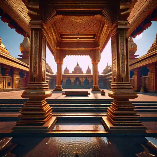 Prompt: Mystical India, front view, {mandir}, {ashram}, {Hindu Temples}, cultural design, high quality, high resolution, Sci-Fi concept, Futuristic design, UHD 1024 K, Octane 3D, HDR, Behance Cinema4D, CryEngine, Unreal Engine 5, ArtStation, depth increase, wide-angle view, volumetric lighting, vray, intricate details of background.
