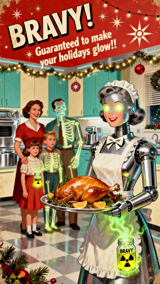 Prompt: A vertical 9:16 retro-futuristic 1950s Christmas advertisement illustration, styled like a vintage Popular Mechanics holiday spread with bold typography and cheerful atomic-age optimism.

Foreground (right side, dominant):
A cute, feminine, French-styled robot maid with a smooth chrome body and a soft, shapely silhouette stands confidently beside a festive dining table. She wears a classic maid apron and bow, with glowing circular eyes and a pleasant, reassuring smile.

In one hand, she proudly holds up a glass jar labeled BRAVY, filled with a sickly yellow-green glowing liquid that softly pulses with radioactive energy, casting green light onto her hand and apron.

With the other hand, she presents a perfect golden Christmas turkey resting on a platter — glossy skin, beautifully roasted, garnished with herbs and citrus, visually flawless.

Midground (center):
A smiling mid-century nuclear family sits around the dining table — mother, father, and two children — all dressed in cheerful 1950s holiday clothing. Their expressions are warm but slightly tense, as if politely nervous.

A faint internal glow is visible beneath their skin, subtly revealing softly glowing skeletons through their faces, hands, and torsos — comedic, not frightening — pulsing gently in sync with the glowing Bravy jar.

Background:
A pristine retro-futuristic kitchen with teal and cream cabinets, chrome appliances, atomic-star Christmas ornaments, string lights, and festive garlands. Everything is cozy, clean, and cheerfully oblivious to danger.

Typography (top-left, large):
Bold, mid-century advertisement lettering reading:
“BRAVY!”

Below it, angled slogan text:
“Guaranteed to make your holidays glow!!”

The text is bright, optimistic, and playful, with starbursts and sparkles surrounding it.

Mood: cheerful, wholesome, absurdly dangerous, optimistic denial.

Art style: hand-painted 1950s sci-fi illustration, slightly aged print texture, soft paper grain, warm holiday colors (reds, teals, creams) contrasted with radioactive yellow-green glow accents.

Composition: vertical poster layout optimized for 9:16, with the robot maid and Bravy jar dominating the upper right, the family centered below, and the logo clearly readable at small mobile sizes.

🔧 OPTIONAL NEGATIVE PROMPT (Recommended)

horror, gore, blood, fear, screaming, chaos, modern style, photorealistic, dark lighting, realistic radiation injury, dystopian, text blur, unreadable typography