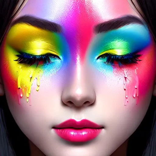 Prompt: female face dripping  paint in rainbow colors, facial closeup