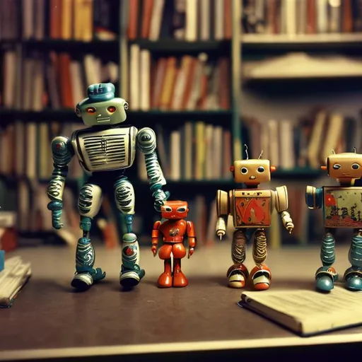 Prompt: Photograph of toy robots. 1950s style. having a party. On a shelf. Books in background. Night time. Depth of field 270mm.