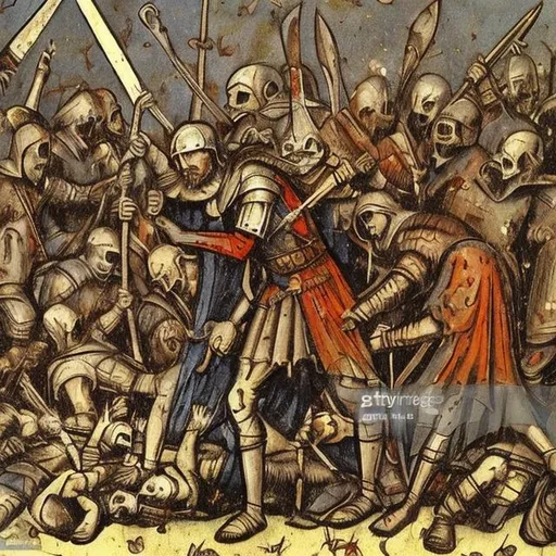 Prompt: medieval warrior surrounded by bloody dead bodies, celebrating in victory gothic