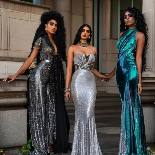 Prompt:  "Cosmic Elegance: Design a glamorous evening gown that fuses Afrofuturism with midjourney's spirit, incorporating futuristic metallics and celestial motifs, long hair, vibrancy, beautiful women
