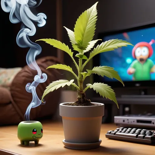 Prompt: Pot plant, smoking blunt, playing video games,