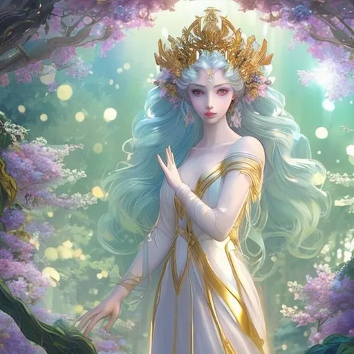 Prompt: higher picture quality,3D anime like dramatic lighting,a beautiful pale skinned goddess with ivory long silky hair,well shaped face,pink lips, blue eyes, flower crown,white Greek style gown with gold linings,well proportionate body structure,luminescent forest,green hanging leaves from trees,wild blue white flowers, open bluish purple sky,8k resolution