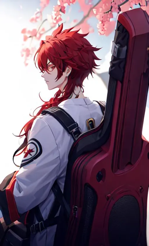 Prompt: Zerif 1male (Red side-swept hair covering his right eye), guitar case on his back UHD, 8K, highly detailed