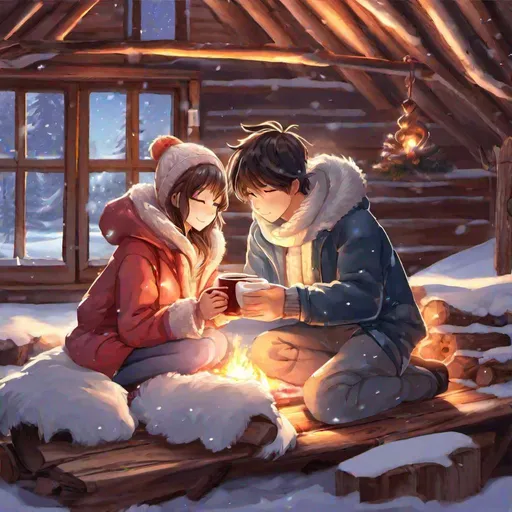 Prompt: there's nothing in this world that can express how much i love you, glow, love, hearts, anime boy and girl couple inside a log cabin snuggled up together in front of a log fire trying to keep warm, wrapped in blankets with hot coco besides them, white, silvery snow outside 