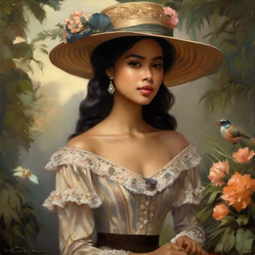 Prompt: (painting) pretty young Indonesian woman, 25 year old, (round face, high cheekbones, almond-shaped brown eyes, small delicate nose),  Victorian dress, floral hat, fine art painting by Charles Fremont Conner, cgsociety, gothic art, detailed painting, elegant, feminine