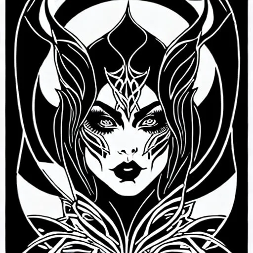Prompt: coloring page , black and white vector smooth lines of gothic demoness, clear facial features, symmetrical   smooth lines, beautfiful , dreamy, details, black and white, simple, art nouveau 4k