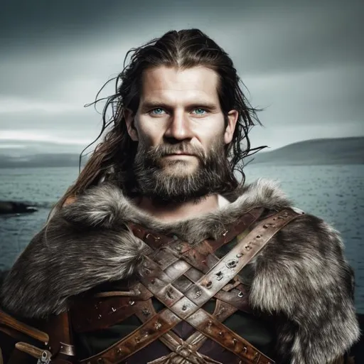 Prompt: A portrait of a nordic looking man, around 34 years old with black rugged hair, fair skin, and green eyes, long hair, short stubble beard. He is a viking warrior