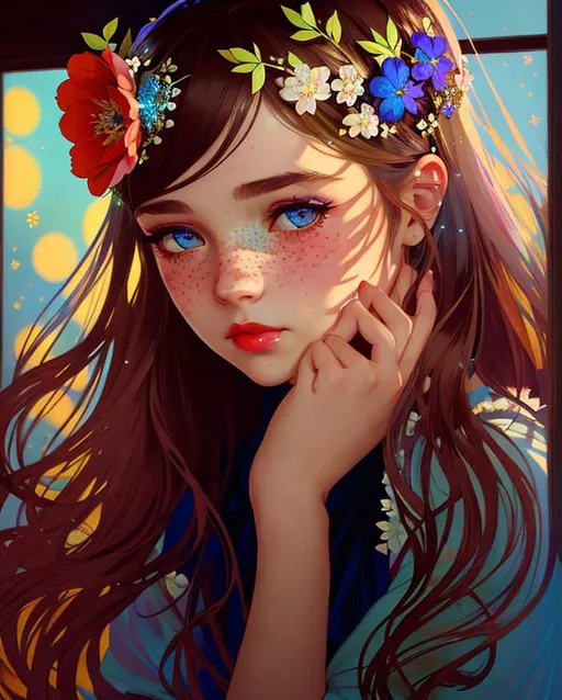 Prompt: cute girl with freckles, high bun, flowers in hair, intricate, detailed face, by Ilya Kuvshinov and Alphonse Mucha, dreamy, pastel colors, honey, red lips, blue eyes, sad, eyes bruises, diadem, tiara, sparkles, clear eyes