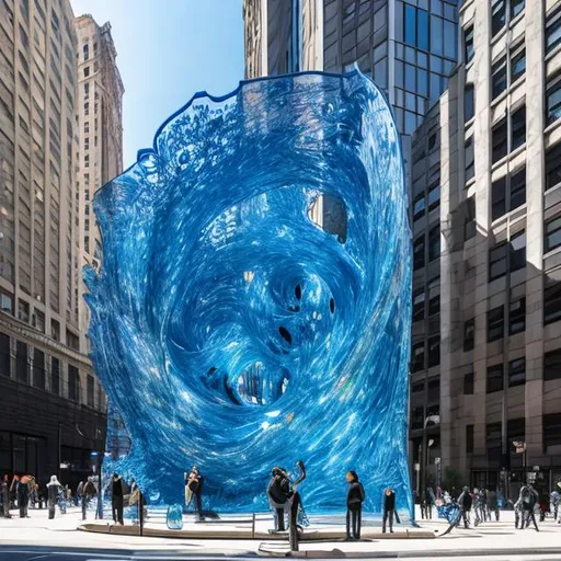 Prompt: huge public art, modern art, in manhattan, big, blue, layered glasses, random square, tall, wave form, complicated, detailed art with glass, rounded art, in front of the building, people walking by the art