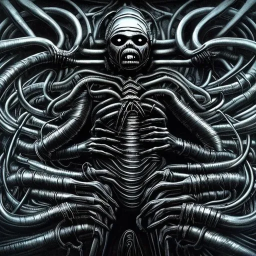 Prompt: Playlist cover art for a Metal/dance music playlist H. R. Giger inspired