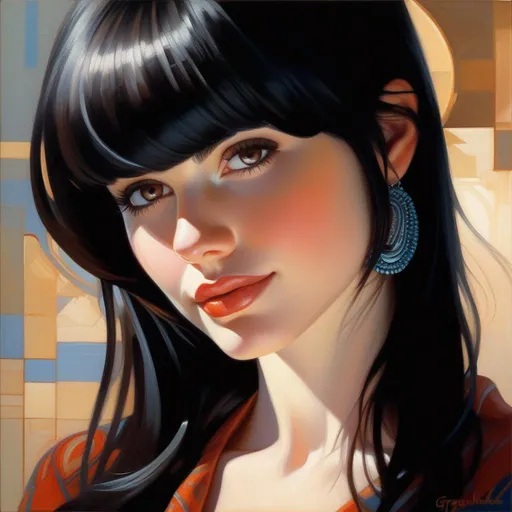 Prompt: Facial portrait of a young woman, pale skin, black hair, bangs, dark brown eyes, cartoony style, extremely detailed painting by Greg Rutkowski and by Henry Justice Ford and by Steve Henderson 
