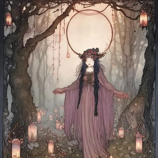 Prompt: Druid witch Girl with rose gold pinkish hair in the trees with lanterns by John bauer storybook illustrations 