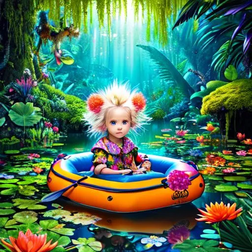 Prompt: a colorful jungle w lots of colors and flowers and a pond reflecting a little girl in a raft..  national geographic, hyper realistic, spiked hair, fluffy, silky, very furry, backlit, warm tones, night-sky, moss, indigo, cream, coral, bone-white, photorealistic eyes, ornate, dynamic, particulate, intricate, elegant, highly detailed, airbrush, acrylic on paper, volumetric lighting, occlusion, smooth, sharp focus, 128K UHD octane render, w more detail, ultra realistic, insane detail, cinematic