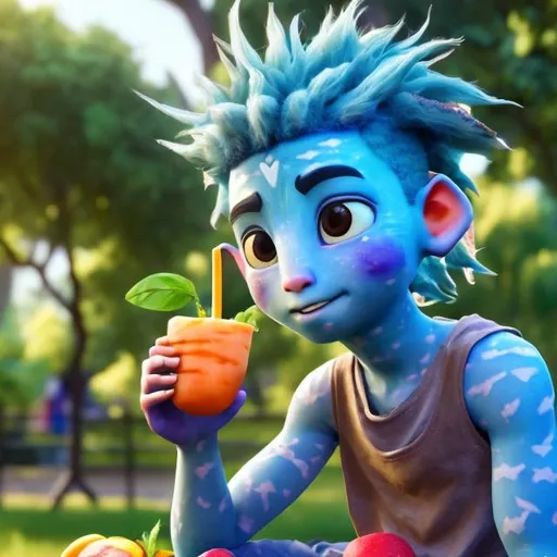 Prompt: A young blue haired boy,  siting on a chair in a park (drinking a veggie smoothie). And then he transformes in a (super cute) avatar god of veggies and fruit (health god)!

