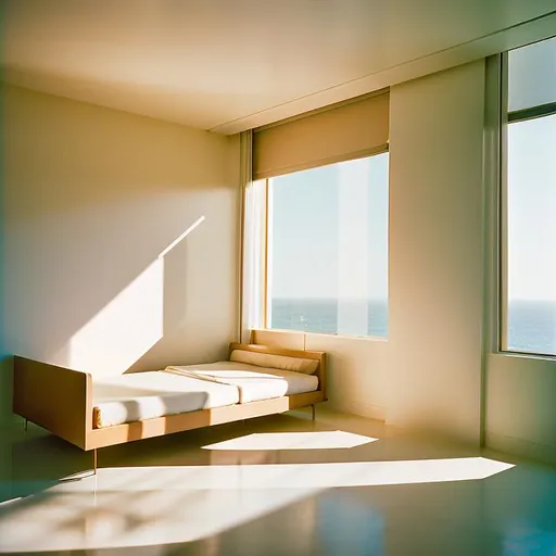 Prompt: architectural digest, minimalist, modern, An empty large bed, circular bed, white sheets, glass walls, sorrounded by picture windows, view from upside, beach outside, sunny, dreamy, high resolution, dramatic lighting, 