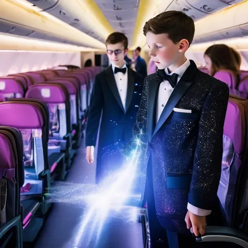 Prompt: 16 year old boy in a tuxedo standing in the aisle of an airplane casting a sparkly magic spell on an airplane seat with his magic wand