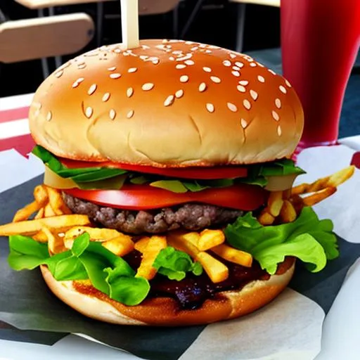 Prompt: Delicious burger with fries