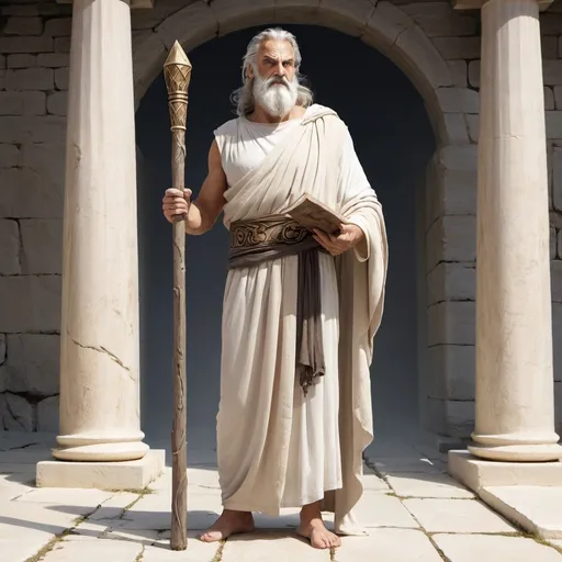 Prompt: Full body, Fantasy illustration of a male Greek, 56 years old, oliv skin, greek toga, long grey hair and beard, pensiv expression, absent look, holding a wooden wizard staff, high quality, rpg-fantasy, detailed, ancient Greek Agora, illustrated, art, painting 
