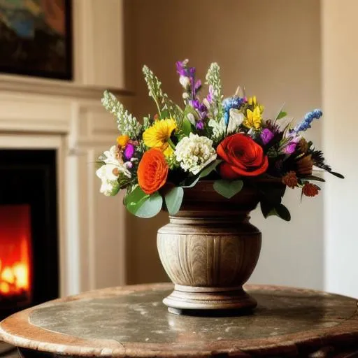 Prompt: A portrait of a decorative vase of flowers sitting on a table in front of a fireplace
