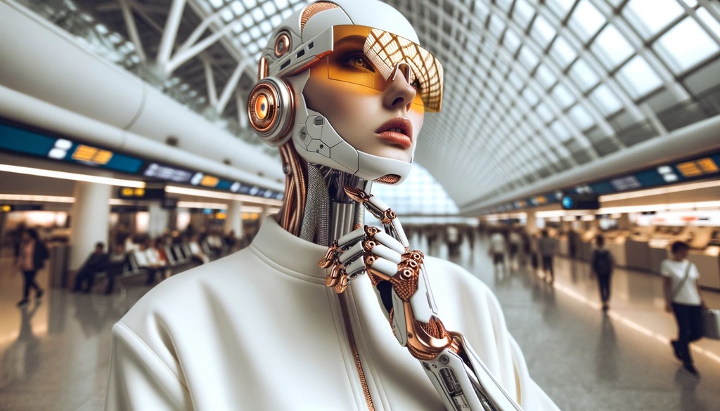 Prompt: futuristic woman wearing sunglasses while in airport, in the style of white and gold, machine-like precision, lifelike figures, white and orange, seapunk, timeless beauty in wide ratio