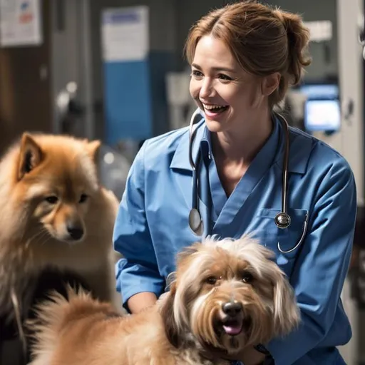 Prompt: a happy female veterinarian technician surrounded with dogs and cats, action in cinema verite film