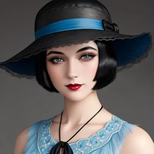 Prompt: a pretty girl  dressed in blue,  dark black hair, flapper, wearing a hat 1920's era, bob hair cut, 1920's era makeup, facial closeup