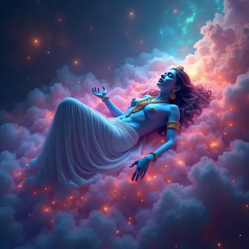 Prompt: parvati (ethereal figure), laying gracefully in a vibrant, neon-colored universe, (glowing celestial elements) surrounding him, swirling galaxies, (intense color gradients) of blues, pinks, orange, purple and greens, shimmering stars, (dreamlike ambiance), high contrast lighting, (magical and surreal atmosphere), ultra-detailed, 4K quality, (inspired by cosmic themes).