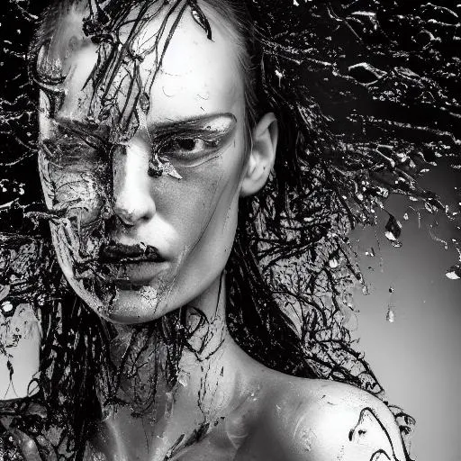 Prompt: exploded android, Vogue style, extremely cinematic,details, details lips, details hair, looking at viewer, shadow, Light reflection on the skin, wet skin, Masterpiece, skinny, natural lighting realistic,