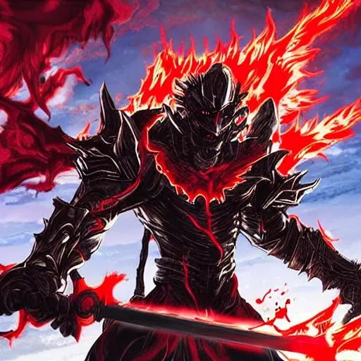 Prompt: (mega detailed) (4x+anime) Dark demon god standing, 10 feet tall, (red armor) (Black lightning blot imprint) black lightning skies. large sword in his hand, burning city behind