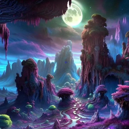 Prompt: Highly detailed video game level design, fantasy planet landscape, moon, clouds, stars, planets, waterfalls, nebulae, mystical, light pillars, ancient redwood trees on an island, magenta-pink, green-cyan, dark-magenta, electric-blue, trending on artstation, beautiful, tonemapping, fantasy art, digital painting, hyperrealism, hyperdetailed, landscape, photorealistic, radiant, vibrant, , abandoned ship, has a mountain in the background, full shot