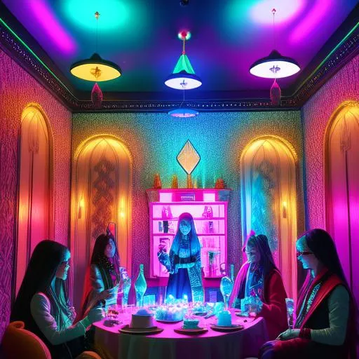 Prompt: Breathtakingly detailed Image of a UFO death cult members at a house party.  Colorful, Dark & striking image. Aesthetically Brilliant. Everything is perfectly to scale. Award winning.