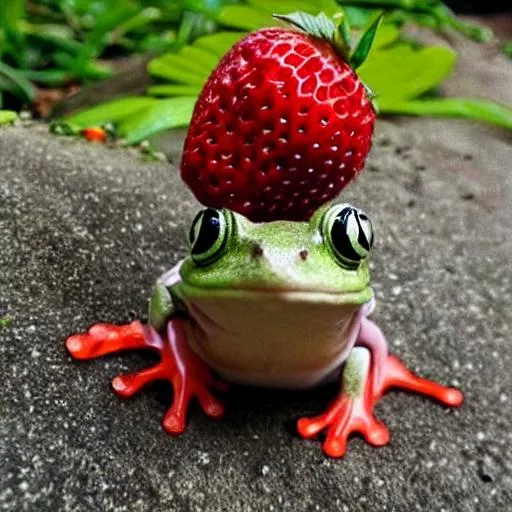 Kawaii frog with a strawberry on it's head