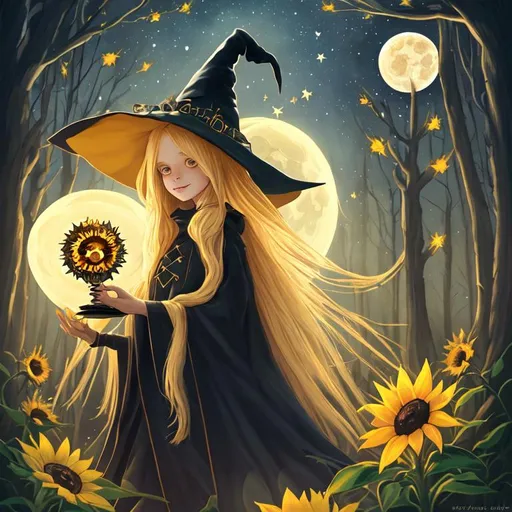 Prompt: witch with long blonde hair, tarot card, wearing witch hat, cute, sunflower, aesthetic, fairycore, disney, pixar, moon, stars, witchcraft, in a starry dark sky, beautiful, walking in a forest, sweet, dreamy, rpg, sci-fi, award winning illustration, artstation, highres