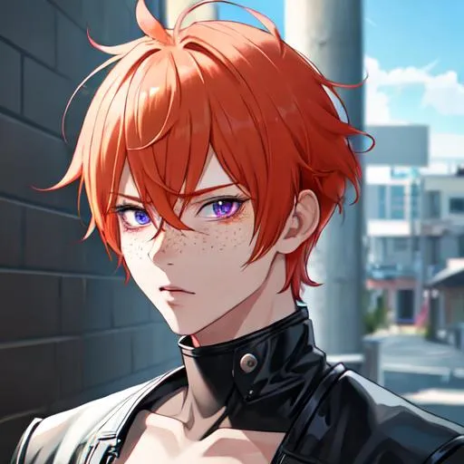 Prompt: Erikku male adult (short ginger hair, freckles, right eye blue left eye purple) UHD, 8K, Highly detailed, insane detail, best quality, high quality,  anime style, biker 