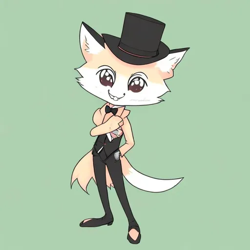 Prompt: Title: The Dapper Peach Fox

Description: A chibi anthropomorphic peach fox is a charming sight, with a friendly and welcoming disposition, and it is wearing a suit with pastel salmon accents, a top hat, bright blue eyes, and a few streaks of vibrant emerald green, the fox's stance is graceful and elegant, with a confident and determined attitude, ready to face whatever may lie ahead, the fox's design is minimal and stylish, with just enoughdetail to define the character's unique look, from the suit and top hat, to the salmon accents and emerald green accents, the Dapper Peach Fox is an icon of class and sophistication, inspiring viewers to embody these qualities in their daily lives, the fox's tail is a symbol of balance, flow and elegance, with it's vibrant peach and white fur, the fox's tail consists of multiple small strands, creating a unique and engaging pattern, that complement the overall look perfectly.