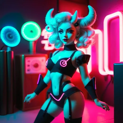 Prompt: a beautiful female demon in a dynamic pose in a retro futuristic synthwave cyberpunk neon paradise.  neon lighting, high quality, beautiful, synthwave, cyber, retro, futuristic