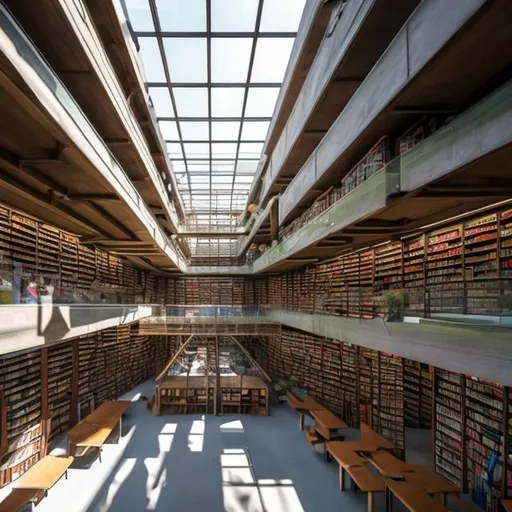 Prompt: a large multi story library filled with books and with brutalist architecture and lots of skylights and foot paths  