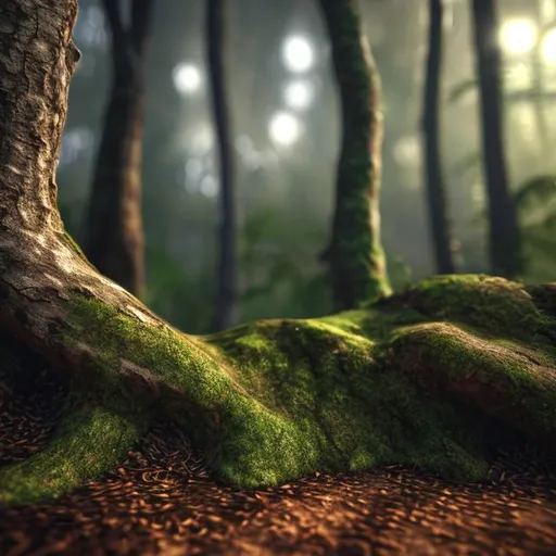 Prompt: 3d realistic render, Soft lighting, tree bark, close up, background blurred forest.